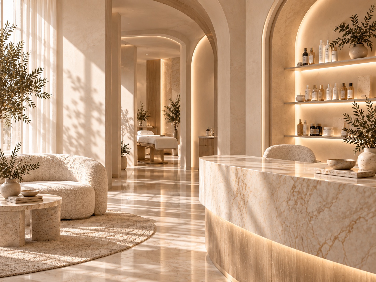 Sunlit spa reception with warm stone finishes
